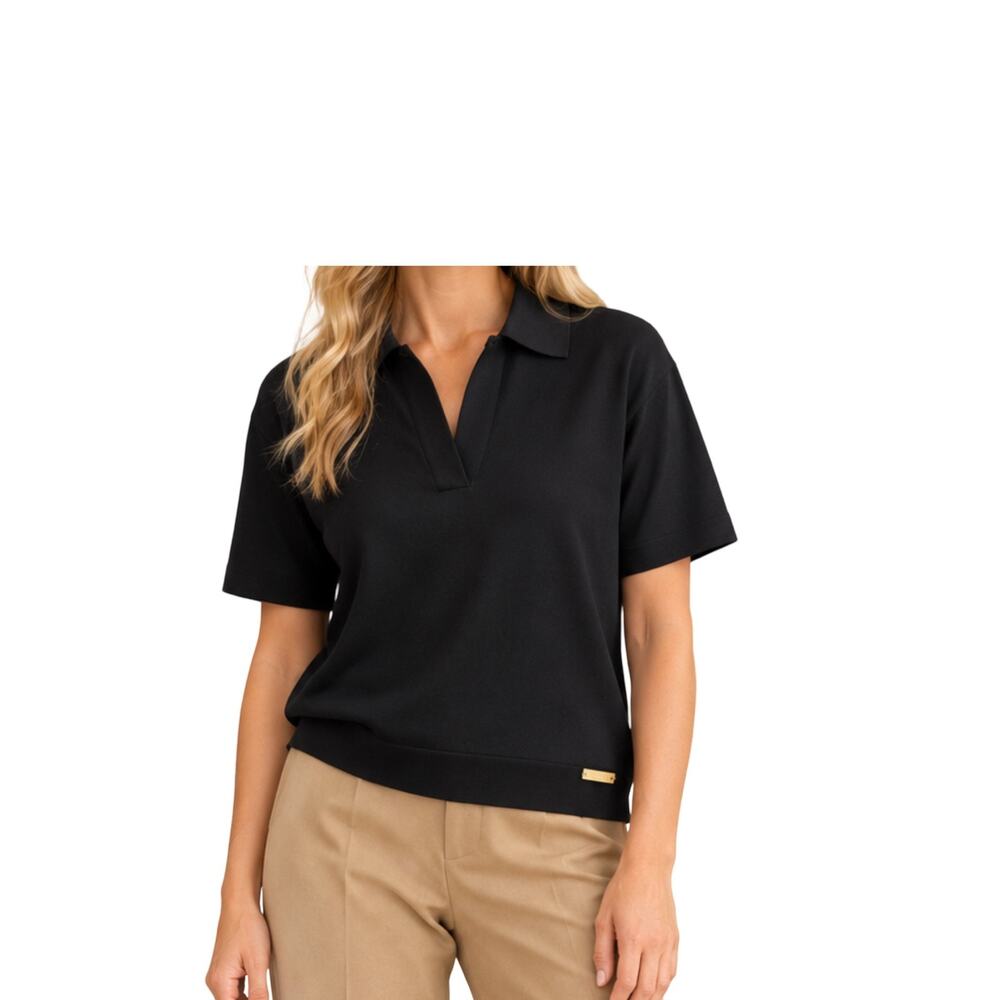 Jones NY Top Womens Size M Black Short Sleeve Knit Sweater V Neck Collar Viscose